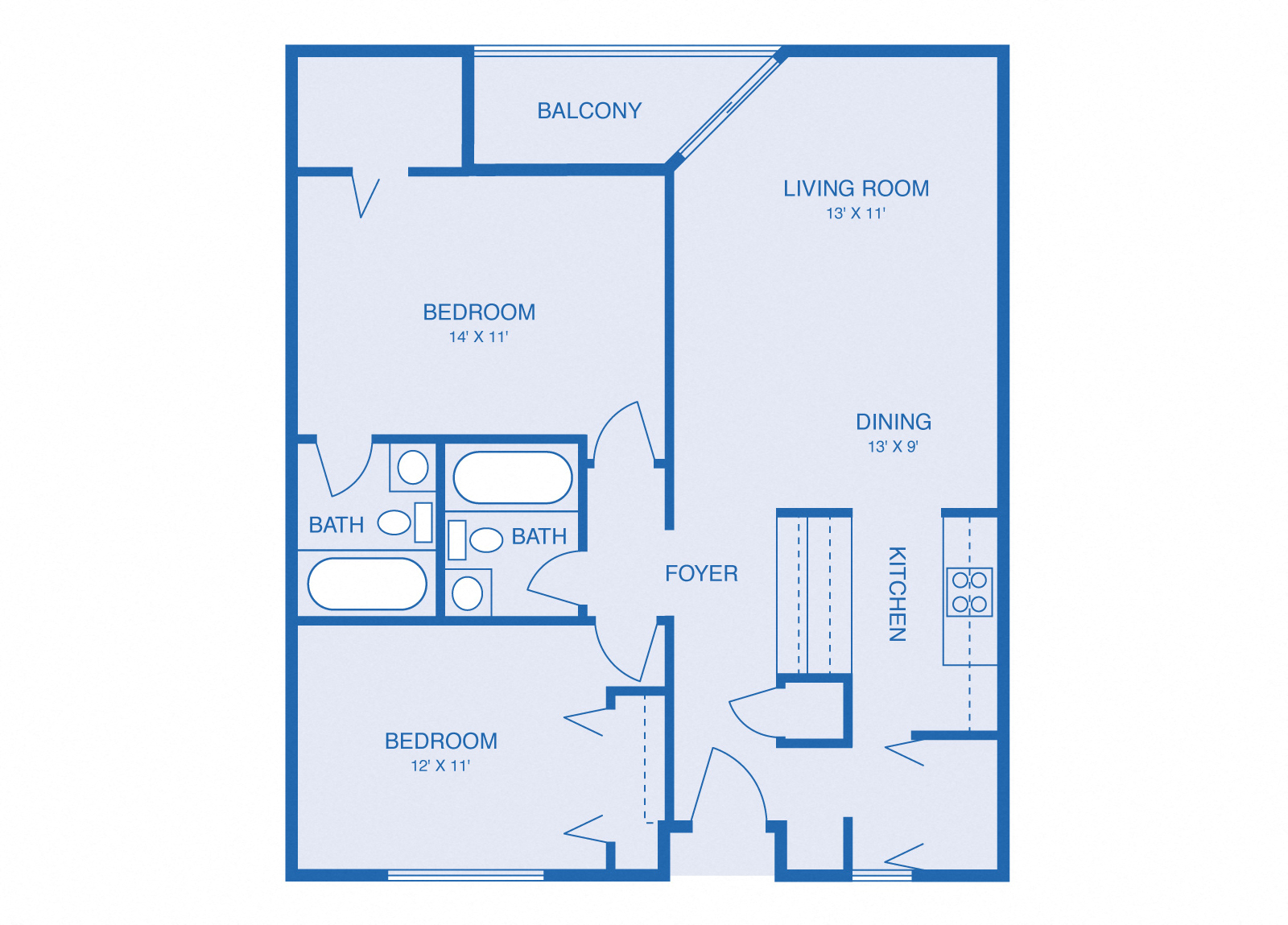 Floor plan for 2 beds, 2 baths, 1036 sqft